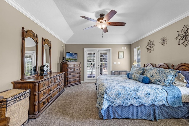 bedroom featuring carpet floors, ceiling fan, access to exterior, and ornamental molding