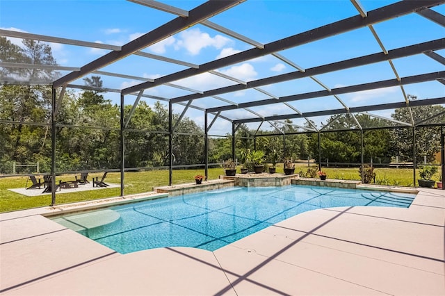outdoor pool featuring a lawn, a patio area, a lanai, and a fire pit