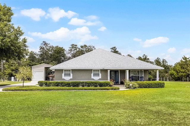 view of front of property with a front yard, stucco siding, a shingled roof, driveway, and a detached garage