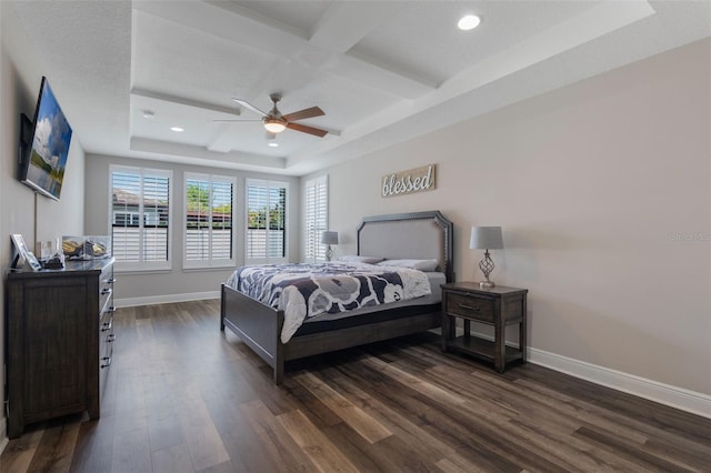 15443 Sugarcup Ct, Orlando, FL 32828 - bedroom featuring dark wood-type flooring, baseboards, recessed lighting, coffered ceiling, and beamed ceiling