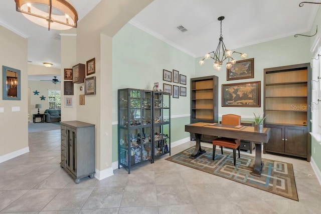 home office featuring crown molding, light tile patterned floors, visible vents, and a chandelier