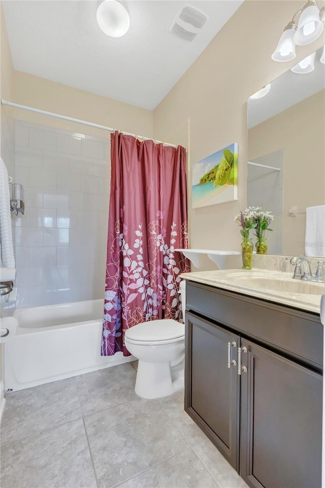 full bathroom with tile patterned flooring, vanity, shower / tub combo with curtain, toilet, and visible vents
