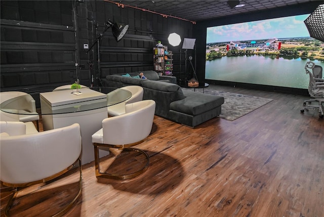 cinema featuring wood finished floors and a garage