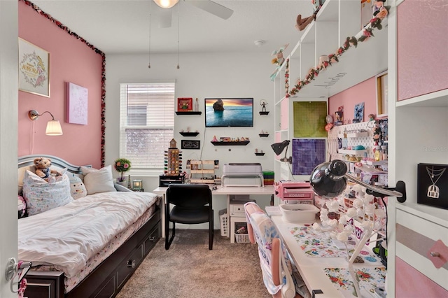 carpeted bedroom featuring a ceiling fan