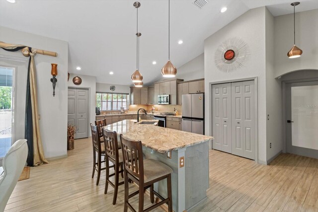 kitchen with a kitchen bar, a large island, a sink, light wood-style floors, and stainless steel appliances