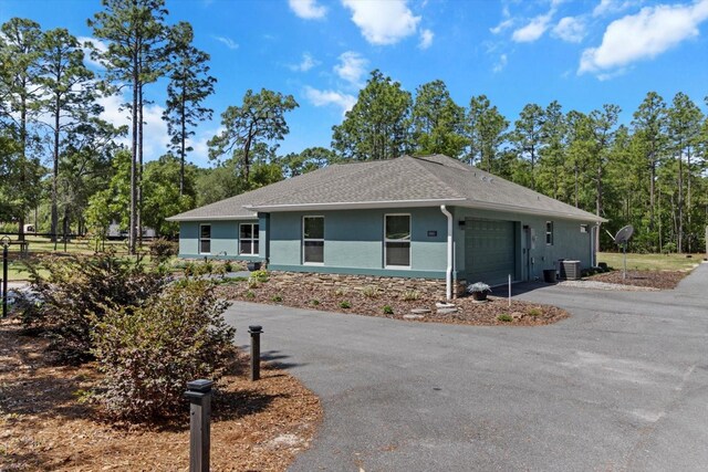 view of front of house with driveway, a garage, cooling unit, a shingled roof, and stucco siding