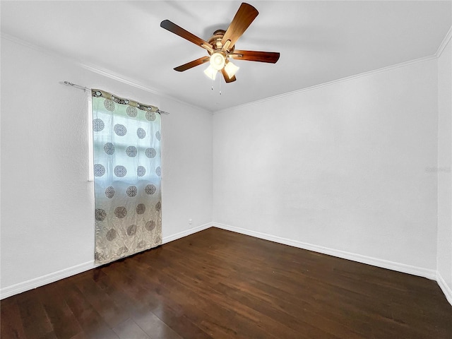 empty room with crown molding, ceiling fan, baseboards, and wood finished floors