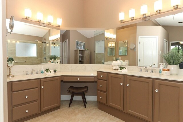 full bathroom with vanity, walk in shower, and tile patterned floors