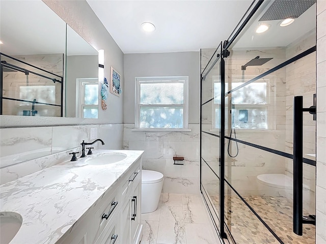 2631 Mcdonald Ter, Mount Dora, FL 32757 - full bath featuring toilet, tile walls, a shower stall, and marble finish floor