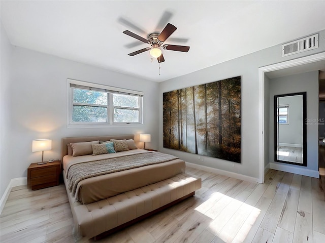 2631 Mcdonald Ter, Mount Dora, FL 32757 - bedroom featuring visible vents, a ceiling fan, light wood-style floors, and baseboards