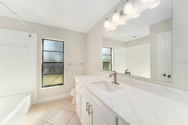 full bathroom featuring shower / bathing tub combination, tile patterned floors, baseboards, vanity, and toilet