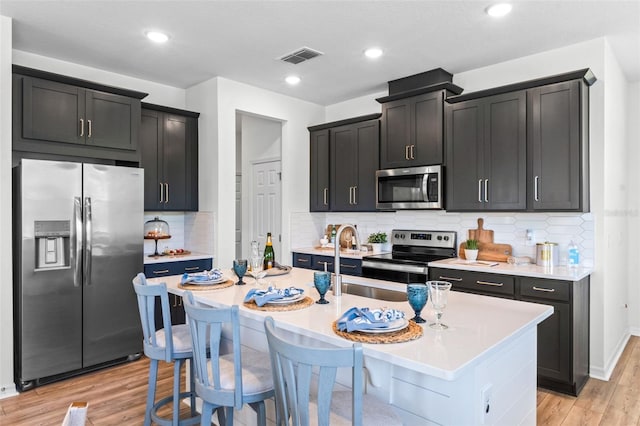 kitchen featuring a kitchen breakfast bar, light countertops, a sink, light wood-style flooring, and stainless steel appliances