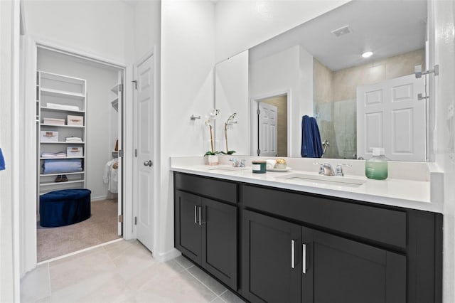full bath featuring a sink, a shower stall, double vanity, and a spacious closet