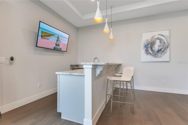7905 Jacks Club Dr, Kissimmee, FL 34747 - kitchen with dark wood-style flooring, a breakfast bar area, baseboards, a peninsula, and light stone counters