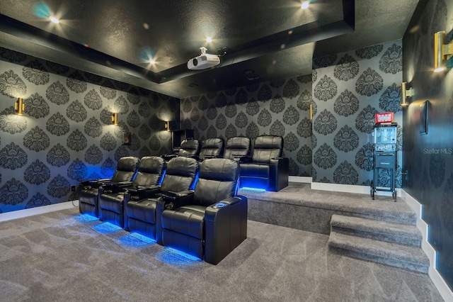 7905 Jacks Club Dr, Kissimmee, FL 34747 - home theater room with carpet, a tray ceiling, baseboards, and wallpapered walls