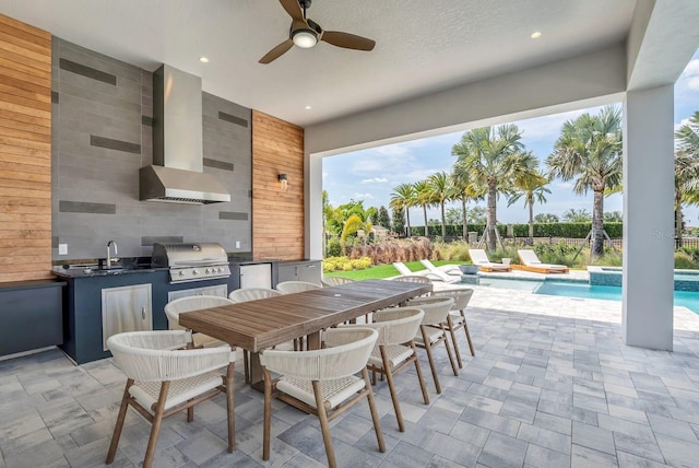 7905 Jacks Club Dr, Kissimmee, FL 34747 - view of patio featuring area for grilling, a grill, outdoor dining area, ceiling fan, and a pool with connected hot tub
