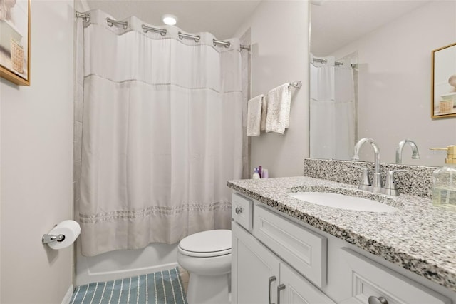 bathroom with toilet, vanity, shower / bathtub combination with curtain, and tile patterned floors