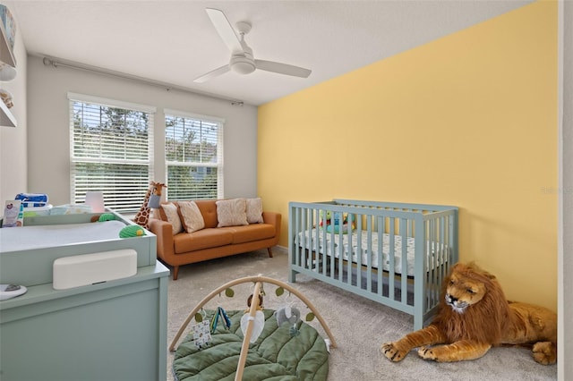 bedroom with carpet flooring and a ceiling fan