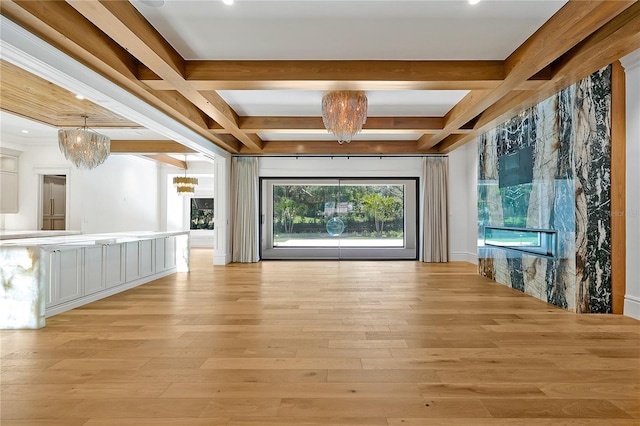 5525 Isleworth Country Club Dr, Windermere, FL 34786 - unfurnished room with a chandelier, coffered ceiling, beamed ceiling, and light wood-style flooring