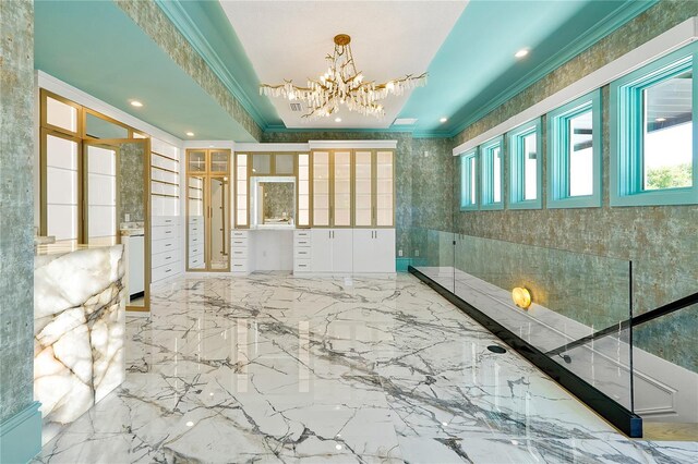 5525 Isleworth Country Club Dr, Windermere, FL 34786 - hallway with ornamental molding, a chandelier, marble tiled floors, and recessed lighting