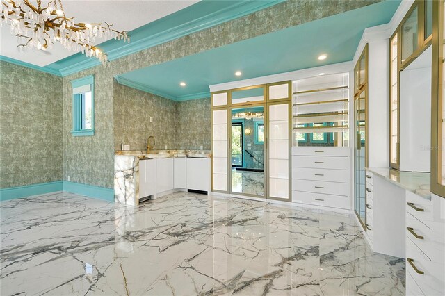 5525 Isleworth Country Club Dr, Windermere, FL 34786 - bathroom featuring ornamental molding, marble tiled flooring, a chandelier, vanity, and recessed lighting