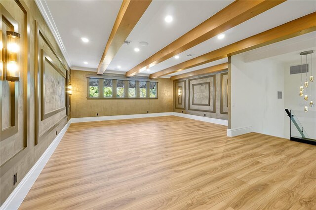 5525 Isleworth Country Club Dr, Windermere, FL 34786 - empty room featuring light wood-style floors, beamed ceiling, baseboards, recessed lighting, and crown molding