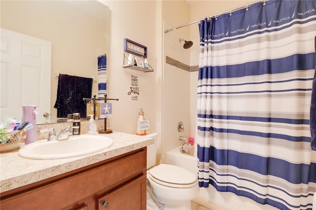 bathroom with vanity, toilet, and shower / tub combo with curtain