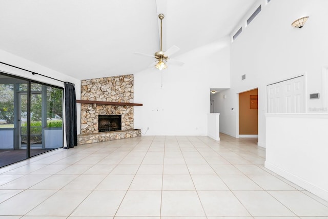 3379 Monika Cir, Orlando, FL 32812 - unfurnished living room with a fireplace, baseboards, ceiling fan, high vaulted ceiling, and light tile patterned floors