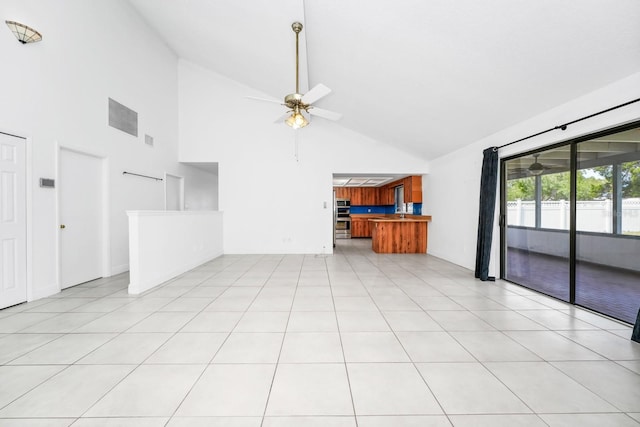 3379 Monika Cir, Orlando, FL 32812 - unfurnished living room featuring visible vents, a ceiling fan, and high vaulted ceiling