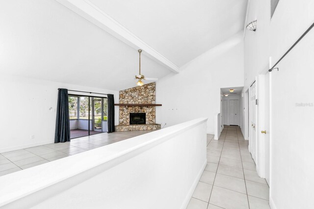 3379 Monika Cir, Orlando, FL 32812 - hall featuring light tile patterned flooring, high vaulted ceiling, and beamed ceiling