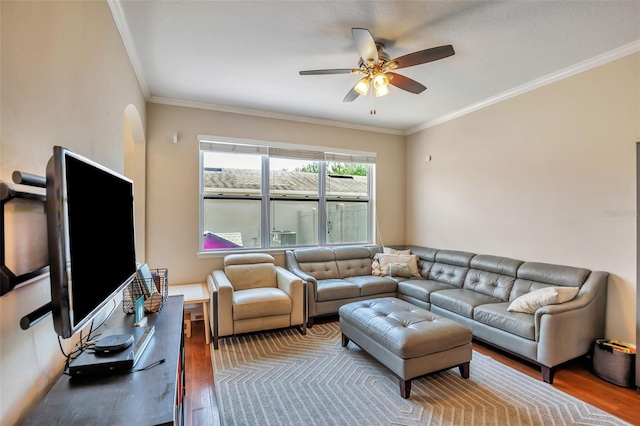 living room featuring crown molding, ceiling fan, and wood finished floors