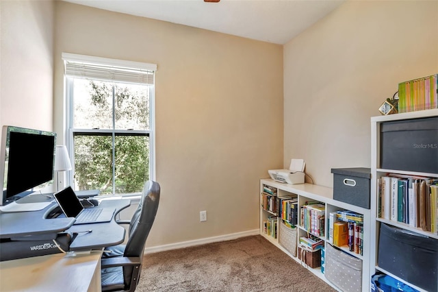 carpeted office space with baseboards and ceiling fan