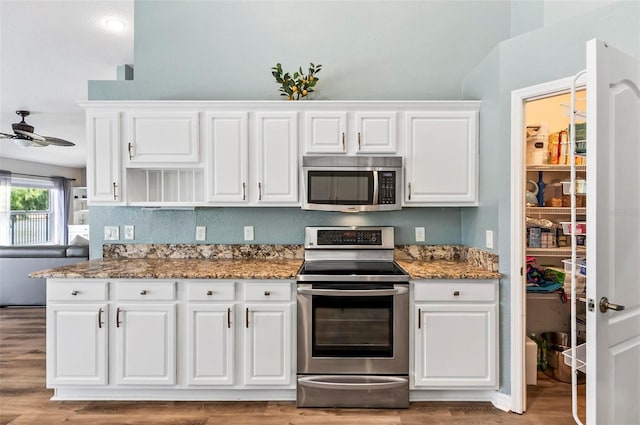 633 Lakehaven Cir, Orlando, FL 32828 - kitchen featuring stainless steel appliances, white cabinets, a ceiling fan, light stone counters, and light wood-style flooring