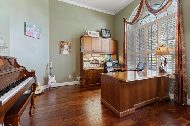 2232 Lake Vilma Dr, Orlando, FL 32835 - home office featuring baseboards, ornamental molding, and dark wood-type flooring