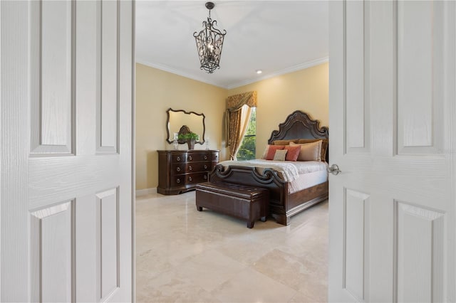 2232 Lake Vilma Dr, Orlando, FL 32835 - bedroom with baseboards, ornamental molding, and a notable chandelier