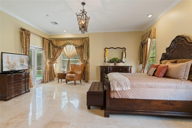 2232 Lake Vilma Dr, Orlando, FL 32835 - bedroom with visible vents, ornamental molding, marble finish floor, and access to exterior