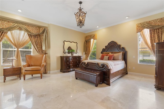 2232 Lake Vilma Dr, Orlando, FL 32835 - bedroom with crown molding, baseboards, a notable chandelier, and multiple windows