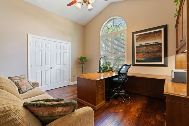 2232 Lake Vilma Dr, Orlando, FL 32835 - office area featuring dark wood finished floors, ceiling fan, and lofted ceiling