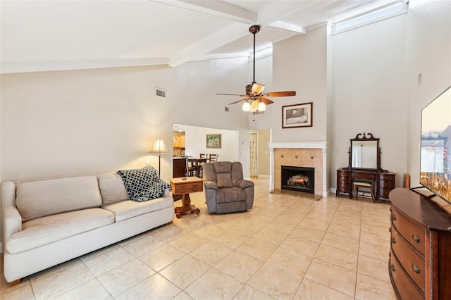 2260 Winslow Cir, Casselberry, FL 32707 - living room featuring visible vents, beam ceiling, ceiling fan, high vaulted ceiling, and light tile patterned floors