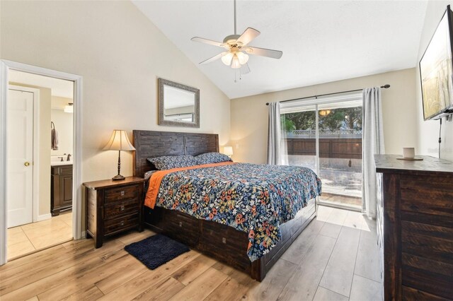 2260 Winslow Cir, Casselberry, FL 32707 - bedroom with light wood-style floors, ceiling fan, high vaulted ceiling, and access to exterior