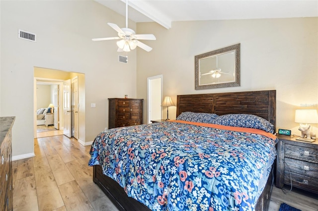 2260 Winslow Cir, Casselberry, FL 32707 - bedroom featuring baseboards, beamed ceiling, light wood-type flooring, and visible vents