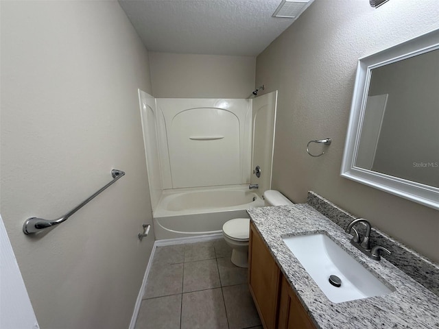 bathroom with visible vents, shower / bathtub combination, toilet, a textured ceiling, and tile patterned floors
