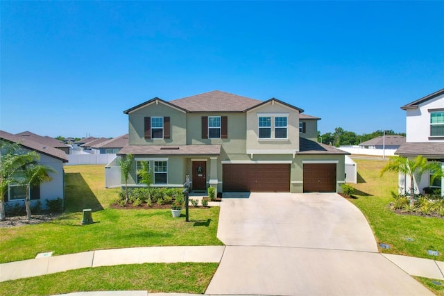craftsman-style house with an attached garage, a front lawn, stucco siding, and concrete driveway