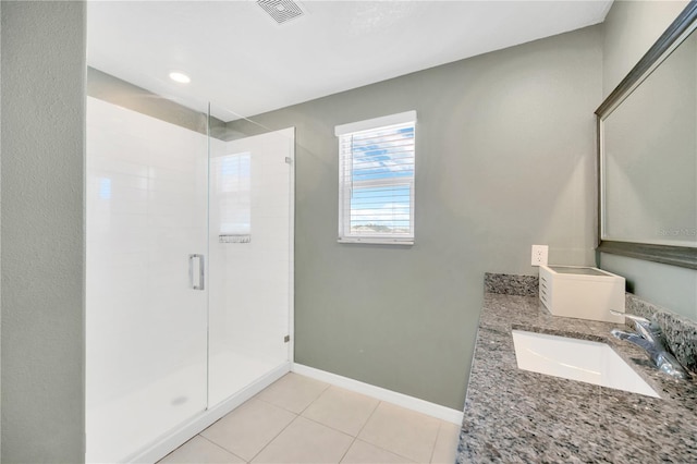 full bathroom with visible vents, vanity, tile patterned flooring, baseboards, and a shower stall