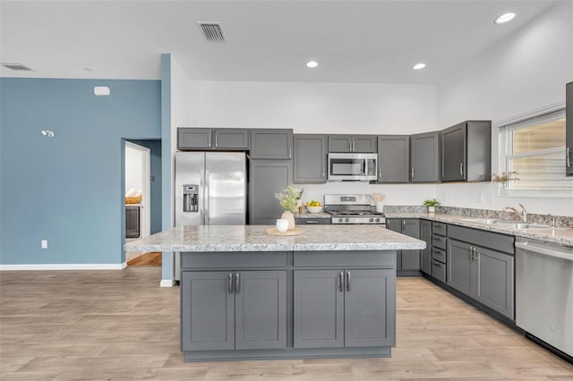 1397 Gatlin Pl, The Villages, FL 32163 - kitchen featuring visible vents, a center island, a sink, gray cabinetry, and stainless steel appliances