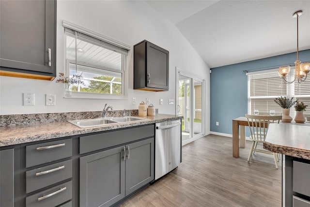 1397 Gatlin Pl, The Villages, FL 32163 - kitchen featuring stainless steel dishwasher, lofted ceiling, a chandelier, a sink, and gray cabinetry