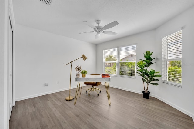 1397 Gatlin Pl, The Villages, FL 32163 - office area with baseboards, ceiling fan, wood finished floors, and visible vents