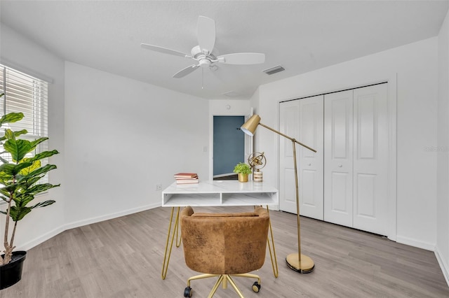 1397 Gatlin Pl, The Villages, FL 32163 - office area featuring baseboards, ceiling fan, visible vents, and light wood-style flooring