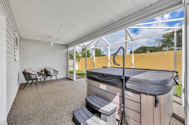 1397 Gatlin Pl, The Villages, FL 32163 - view of patio / terrace featuring ceiling fan, a hot tub, a lanai, and fence