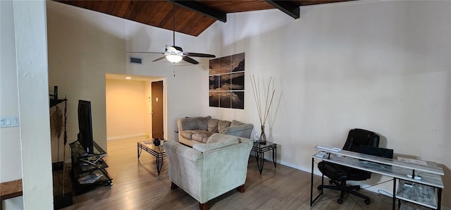 living room with wood ceiling, ceiling fan, visible vents, wood finished floors, and beamed ceiling